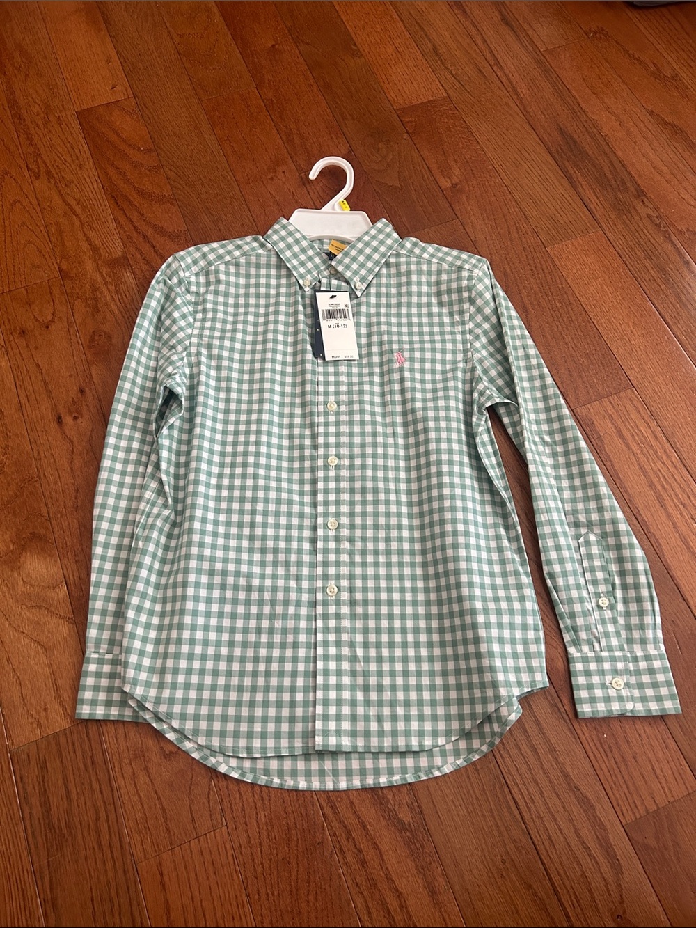 Green Gingham Button-Down Shirt - Classic boy’s Dress Shirt. Medium 10-12